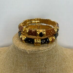 Vintage Joan Rivers Brown and Black Enameled with Gold Hinge Bracelet Set